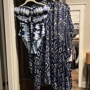 Bar III Shibori Tie Dyed One Piece Swimsuit and Black Tape Kimono Coverup